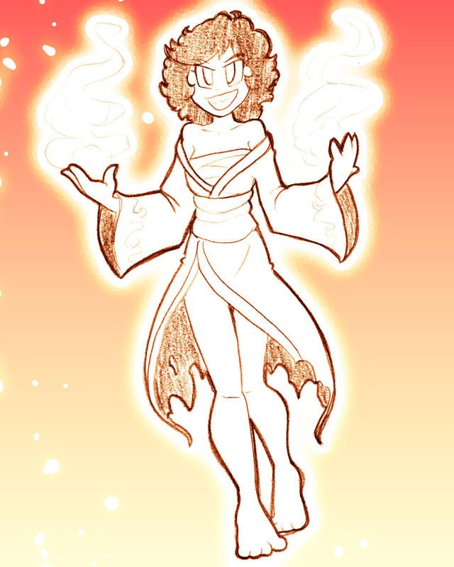 A drawing of a woman wearing a burnt kimono, with fire coming out of her hands