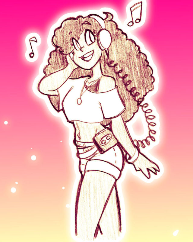 Drawing of a woman with a portable cassette player and headphones