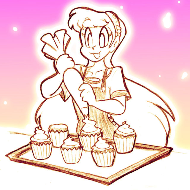 My OC Perpsicory, adding whipped cream to some cupcakes