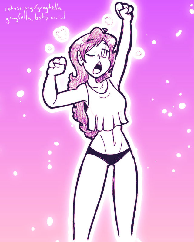 A drawing of a woman stretching and yawning in her underwear