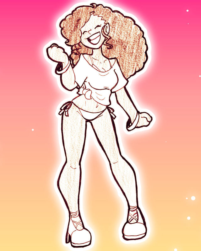 A drawing of a woman dancing in a bikini and a shirt tied around her waist