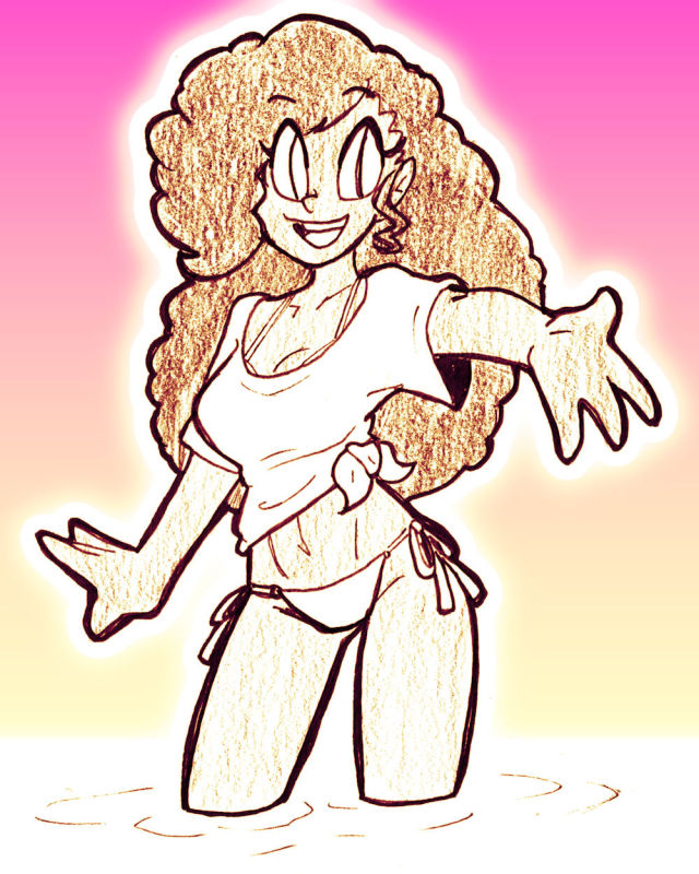 A drawing of a woman knee-deep in water, reaching her hand out to the viewer