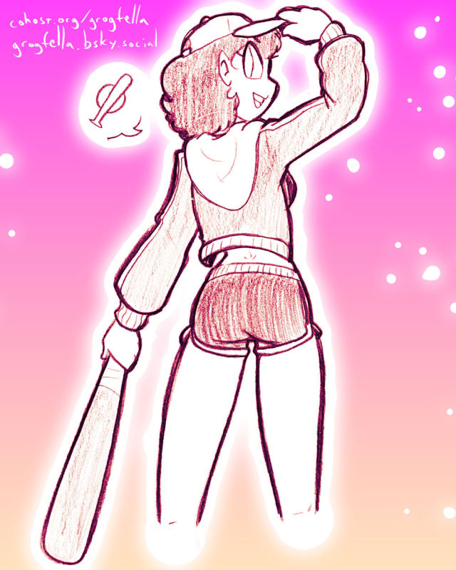 A drawing of a woman in a sports uniform holding a baseball bat