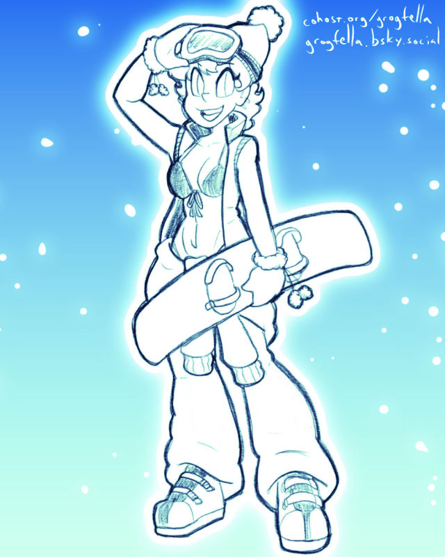 A drawing of a woman holding a snowboard