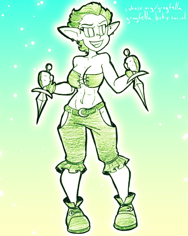 A drawing of a goblin rogue brandishing two knives