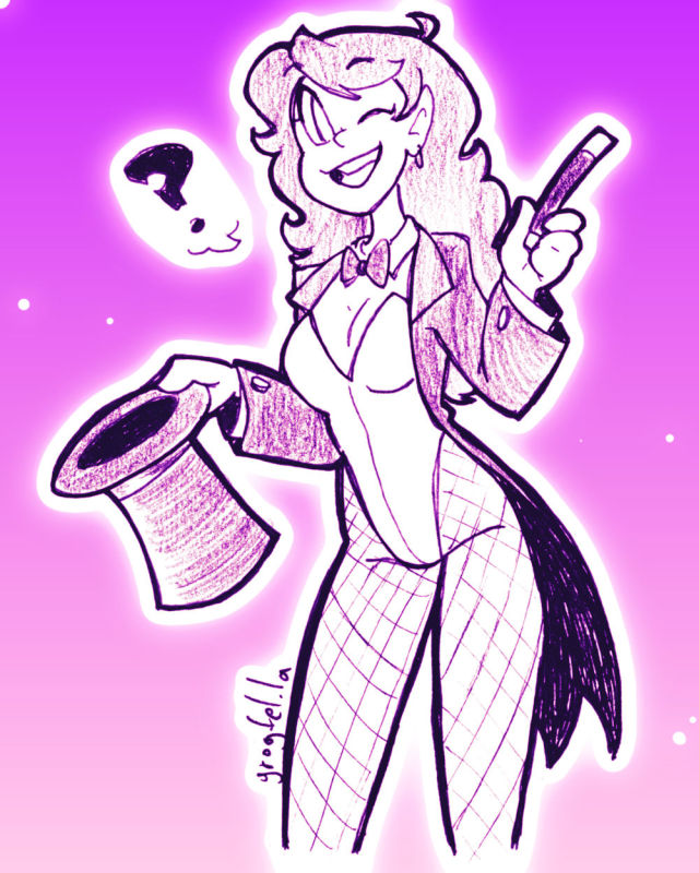 A drawing of a magician woman, holding a top hat in one hand and a magic wand in the other.