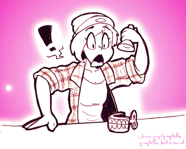 A drawing of a woman wearing a flannel shirt and holding a flashlight, looking shocked at a set of novelty teeth.