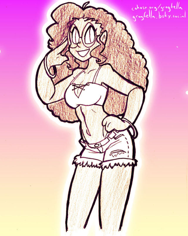A drawing of a woman wearing glasses and short shorts