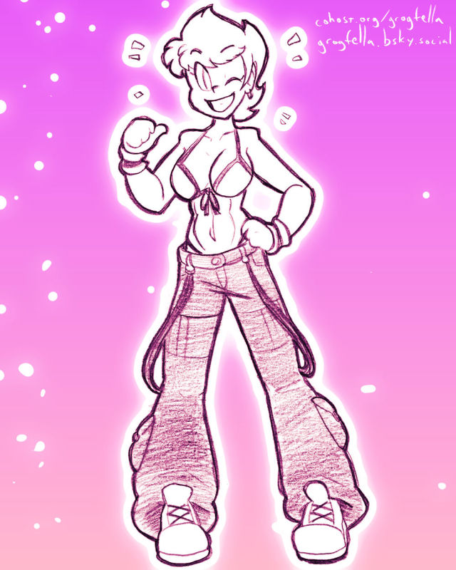 My original character Celadore, wearing a bikini top and some big pants