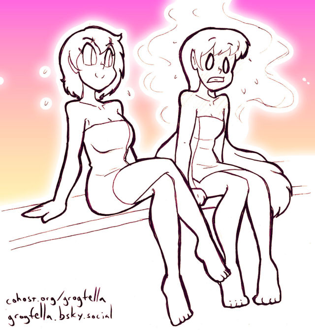 My original characters Celadore and Perpsicory, sitting in a sauna.