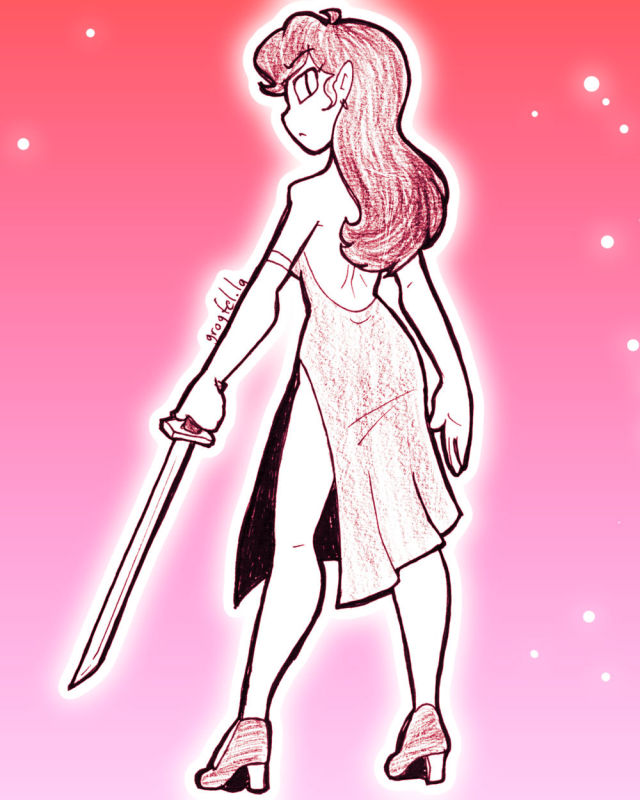 A drawing of a woman with a backless dress, high heels, elbow gloves, and a katana.