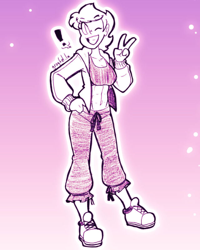 My original character Celadore, wearing a sporty outfit and showing a peace sign.