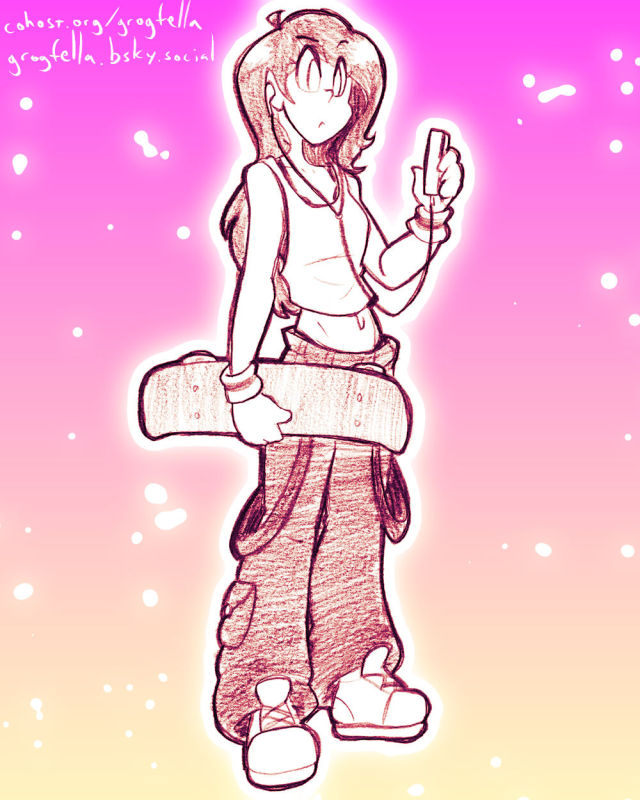 A drawing of a skater girl, holding a skateboard and looking at her iPod