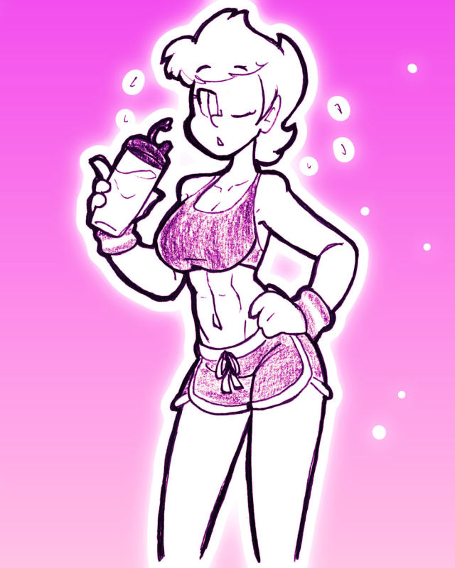 My original character Celadore, holding a water bottle