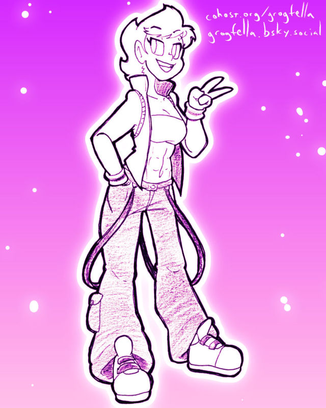 My original character Celadore, wearing big pants and giving a peace sign