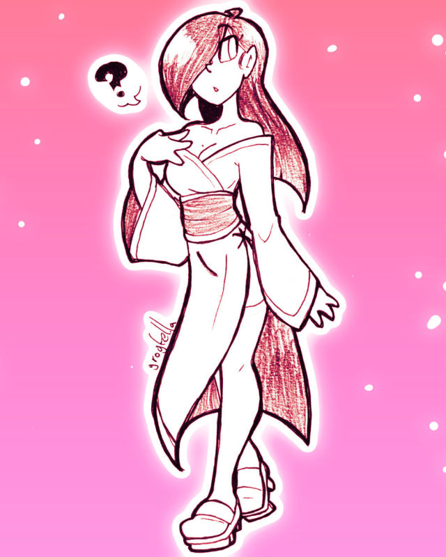 A drawing of a woman with long hair wearing a yukata and matching geta