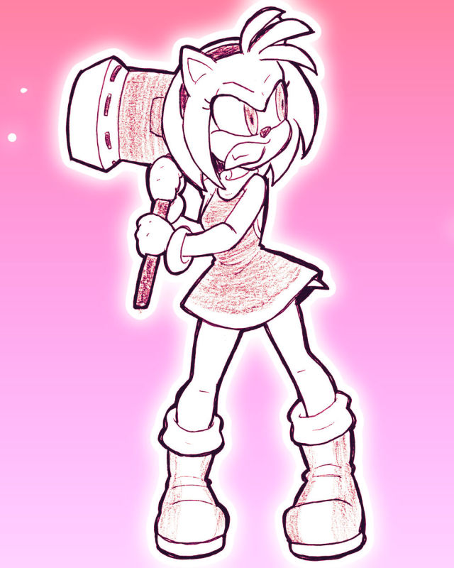 A drawing of Amy Rose from the Sonic series, looking angry and brandishing her hammer