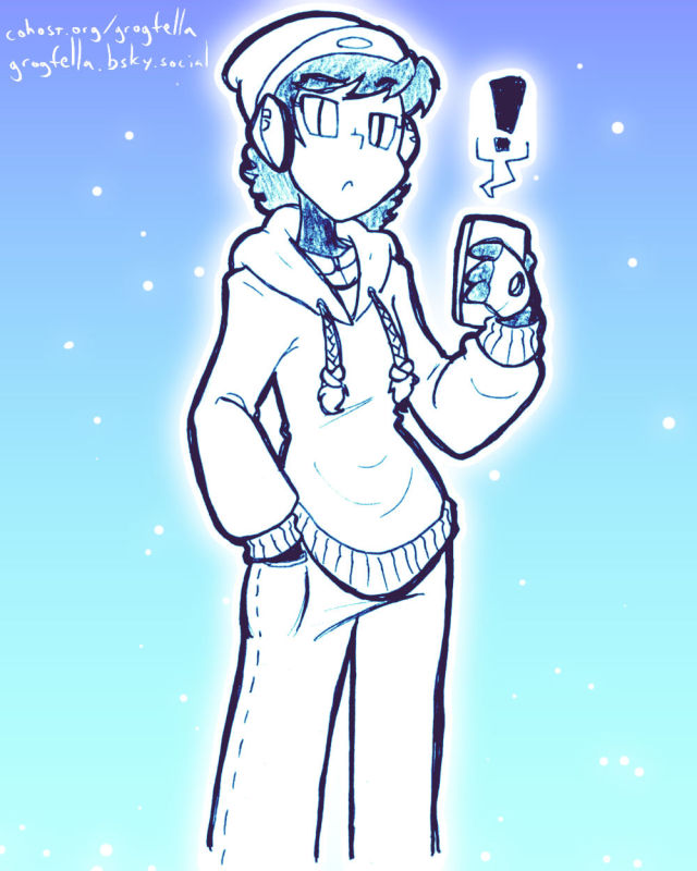 My original character Aoyama, wearing a hoodie and beanie and looking at her phone.