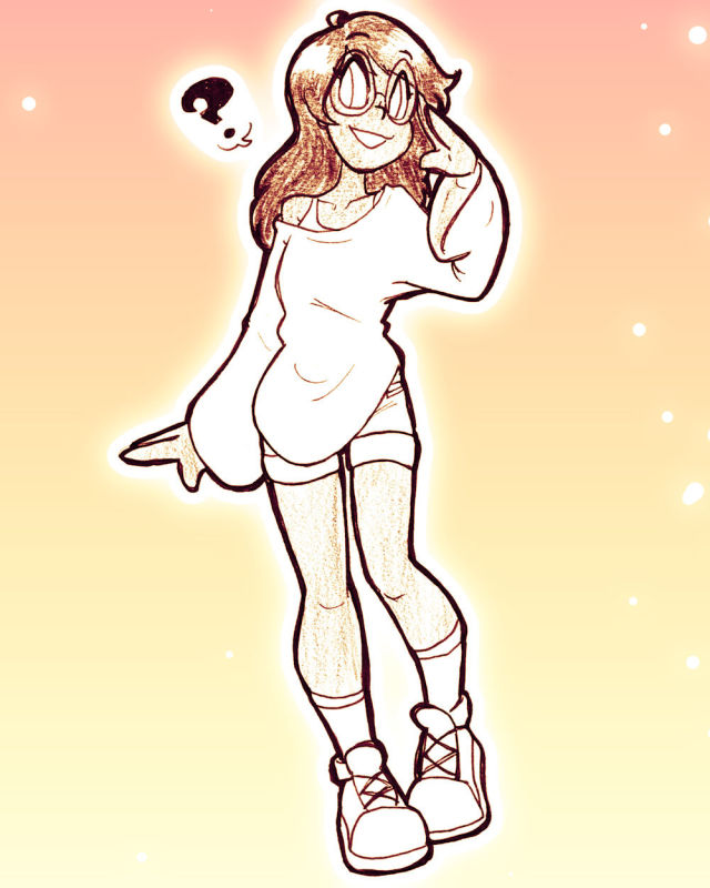 A drawing of a woman with a big, loose sweater