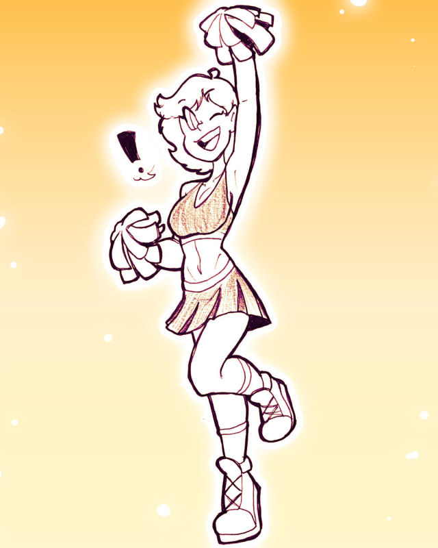 A drawing of a cheerleader, cheerleading