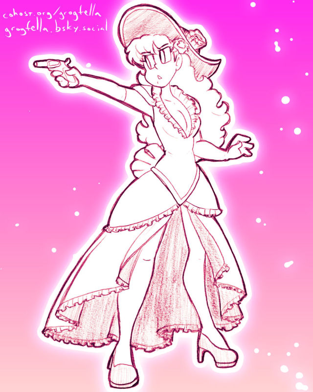 A drawing of Annie from the video game Wild Guns, aiming a pistol