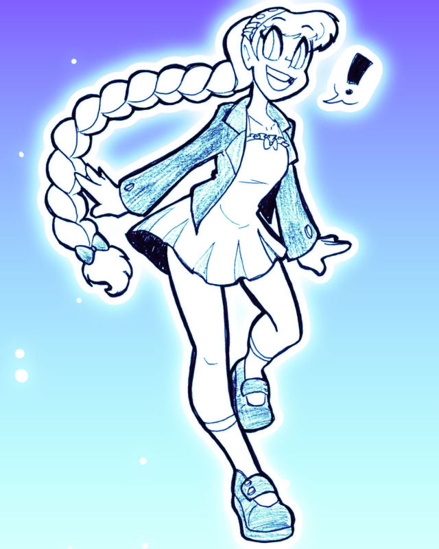 A drawing of my original character Perpsicory, wearing a dress and a tiny jacket