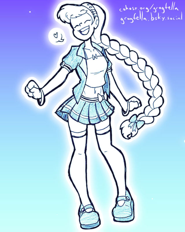 A drawing of my original character Perpsicory, just having a grand old time