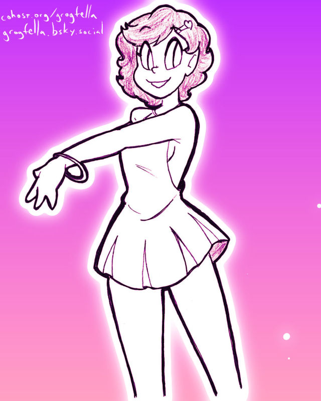 A drawing of a woman with short hair and a dress