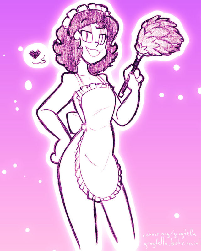 My original character Madelyn, wearing a maid's bonnet and an apron and holding up a feather duster