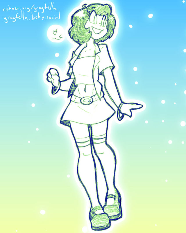 A drawing of a woman with a short skirt, a jacket and a bob haircut