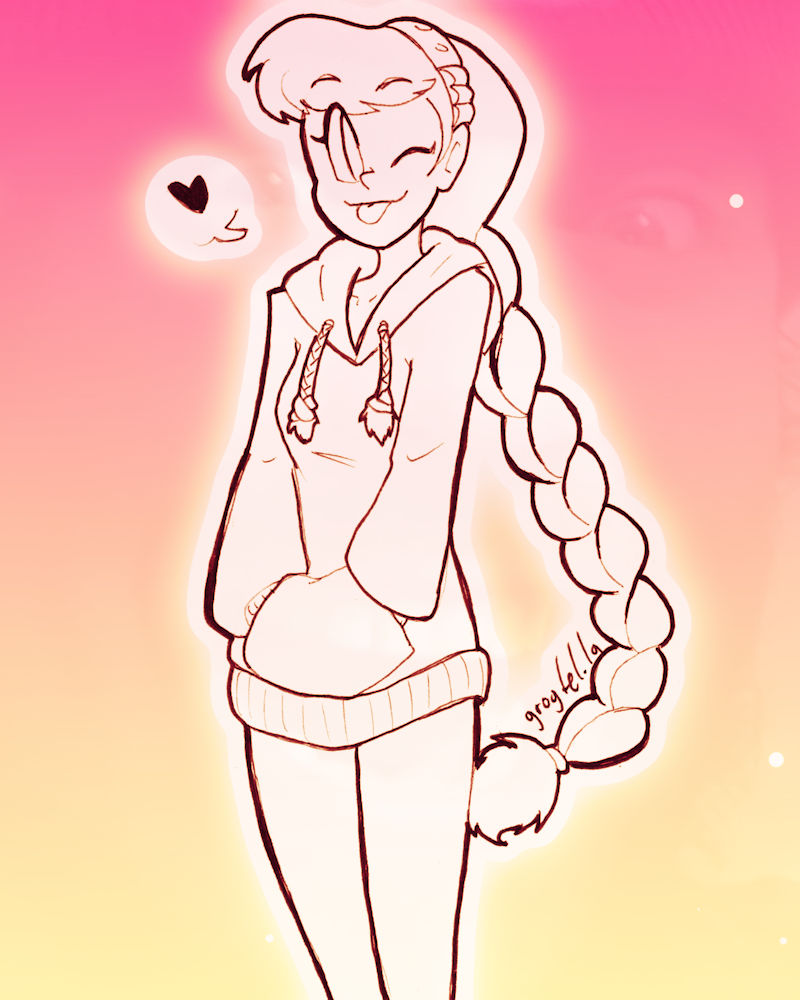 My original character Perpsicory, wearing a hoodie and winking