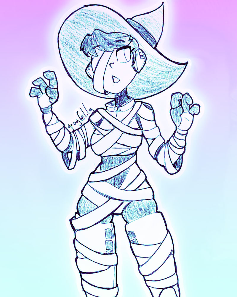 My original character Aoyama, wearing a witch hat and mummy wrappings all over her body