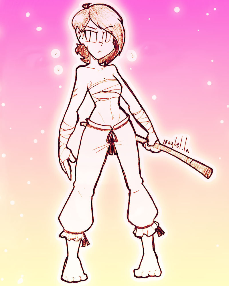 A drawing of a woman with a big stick