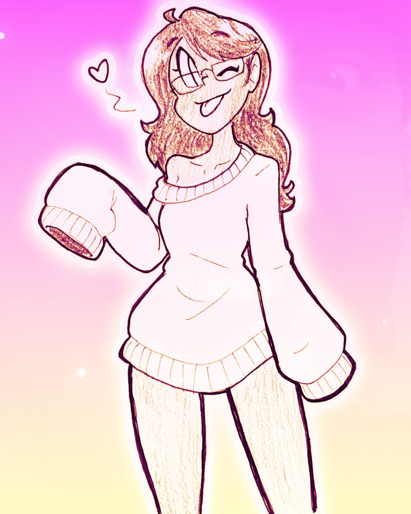 A drawing of a woman wearing an oversized sweater