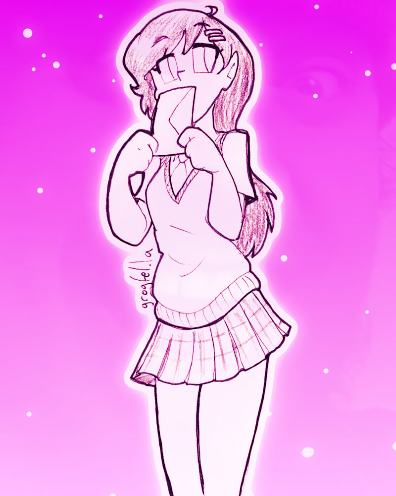 A drawing of a woman in schoolgirl uniform, holding an envelope and looking nervous