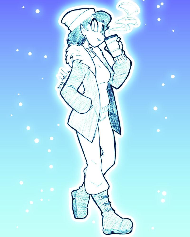 A drawing of a woman walking with a warm thermos in her hand