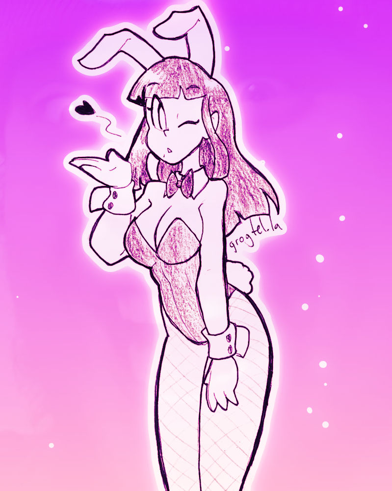 A drawing of a woman in a Playboy bunny outfit, blowing a kiss and winking