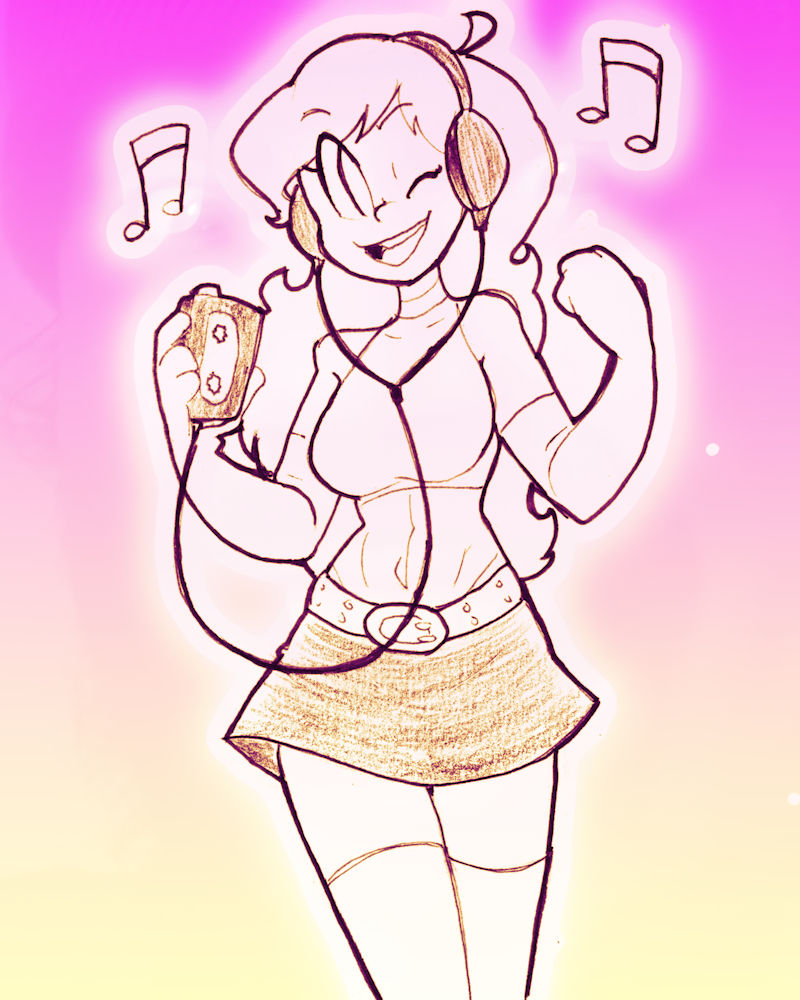 A drawing of a woman dancing while listening to a music on a cassette recorder