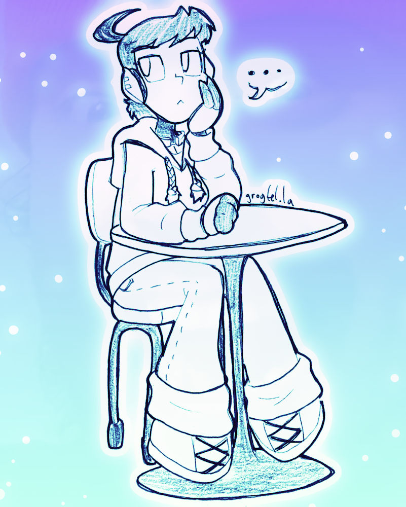 My original character Aoyama, sitting at a table looking impatient