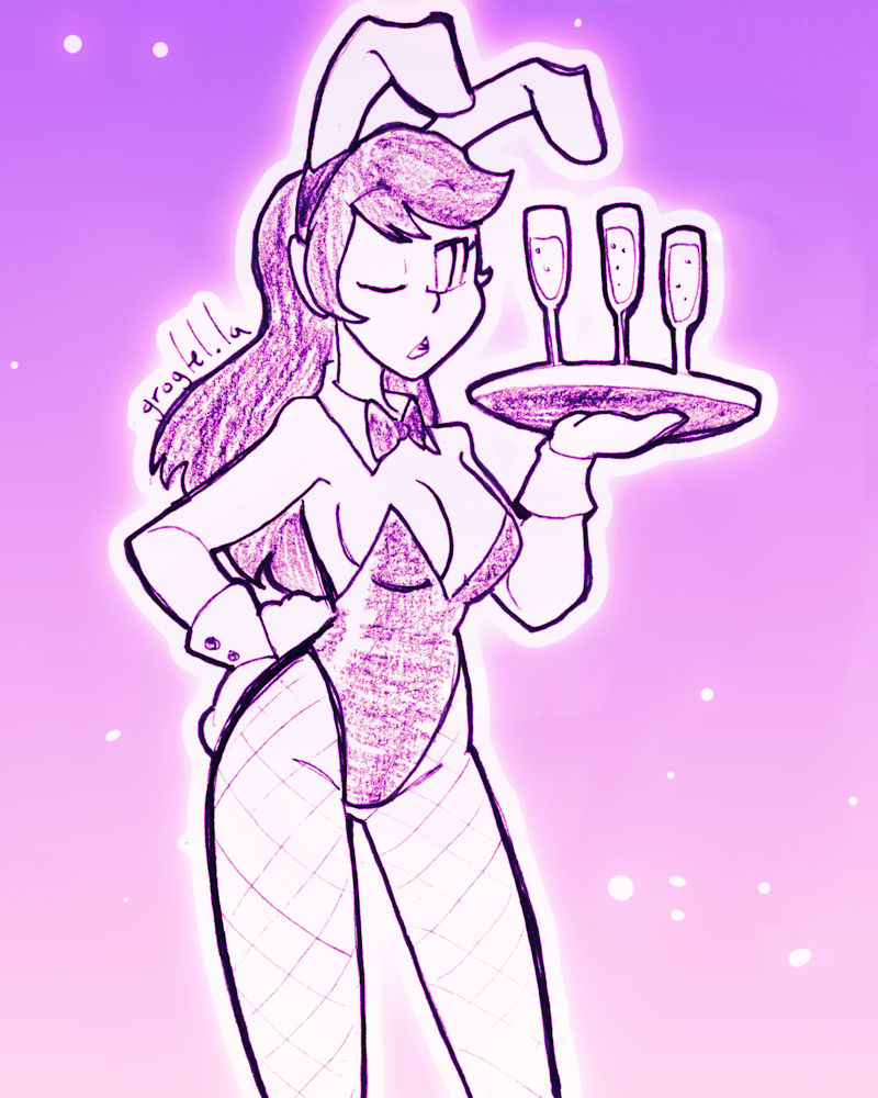 A drawing of a woman in a bunny suit, looking annoyed and holding a tray of drinks