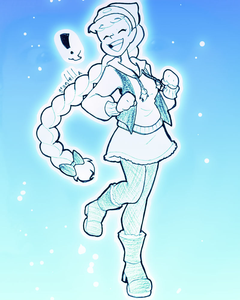 My original character Perpsicory, dressed in winter clothes and looking happy