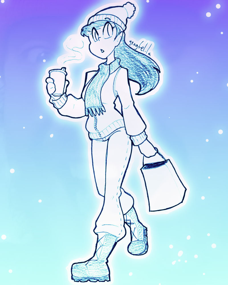 A drawing of a woman in winter clothes, holding a hot beverage and a shopping bag