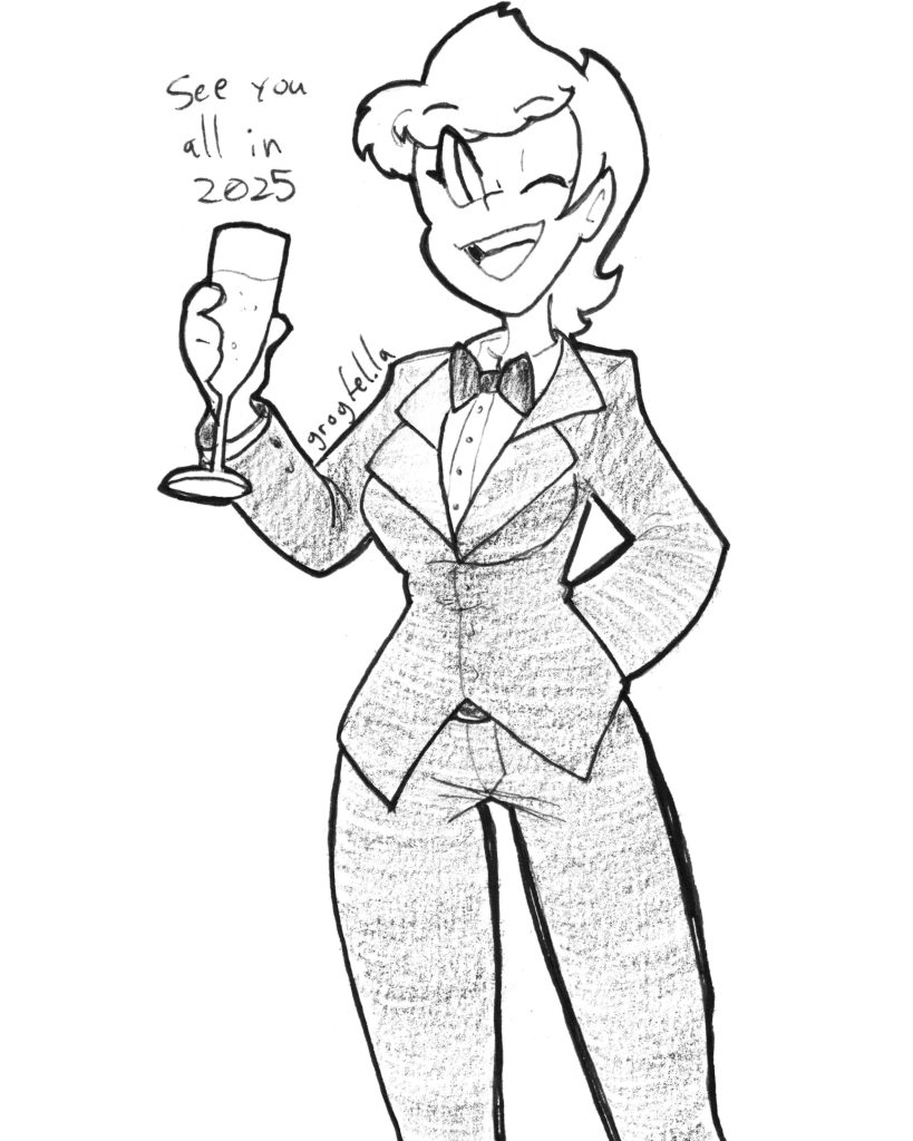 My original character Celadore wearing a suit and raising a glass