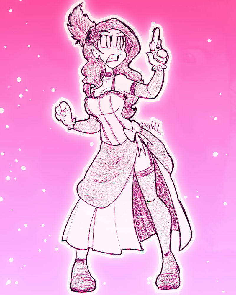 A drawing of a saloon girl holding a pistol