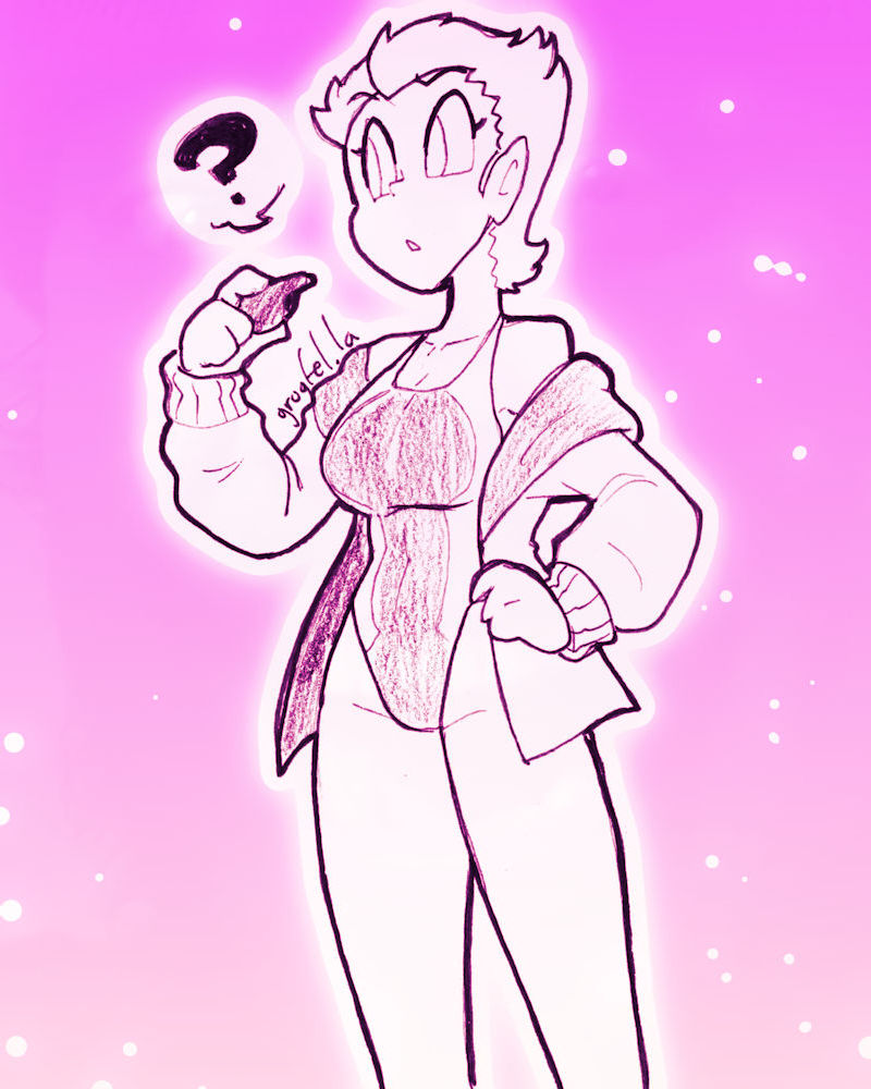 A drawing of a woman in a swimsuit, holding a whistle