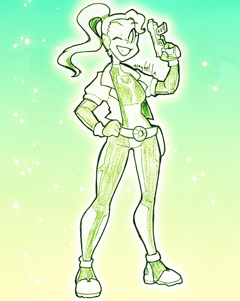 A drawing of a woman wearing a bodysuit and a jacket, holding a pistol