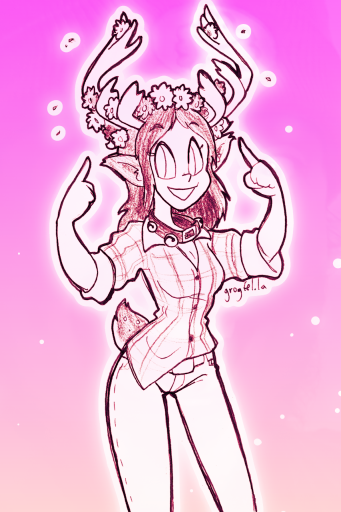 A drawing of a woman pointing to the antlers and flower crown on her head