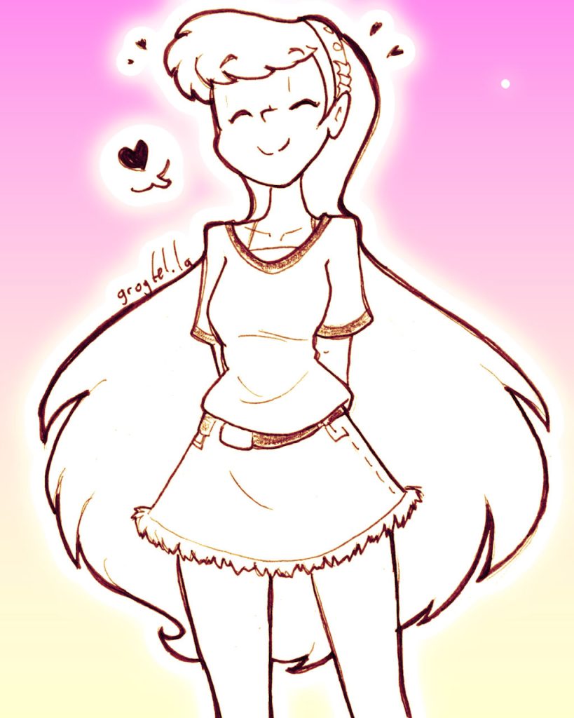 My original character Perpsicory, smiling with her hands behind her back