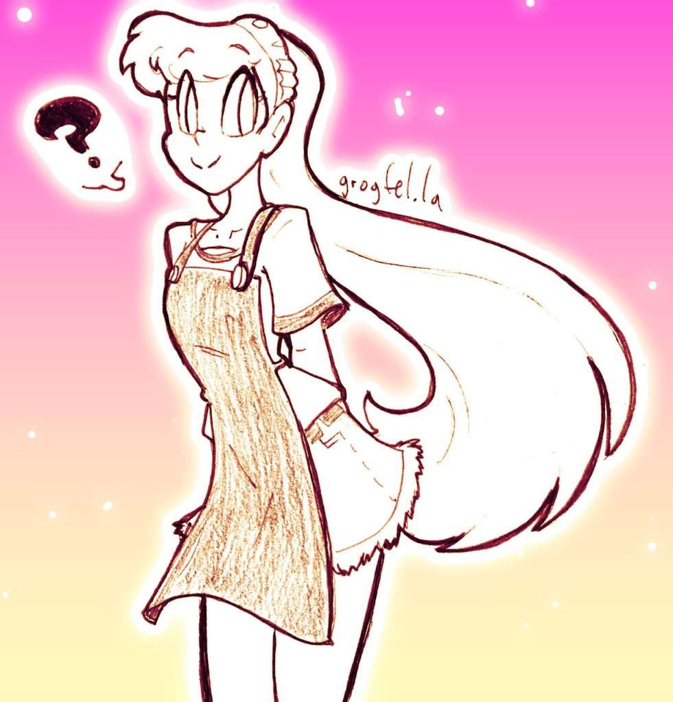 My original character Perpsicory wearing an apron and leaning forward