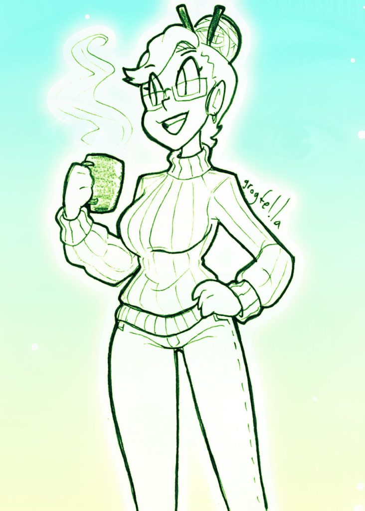 A drawing of a woman in a sweater, holding a cup of coffee